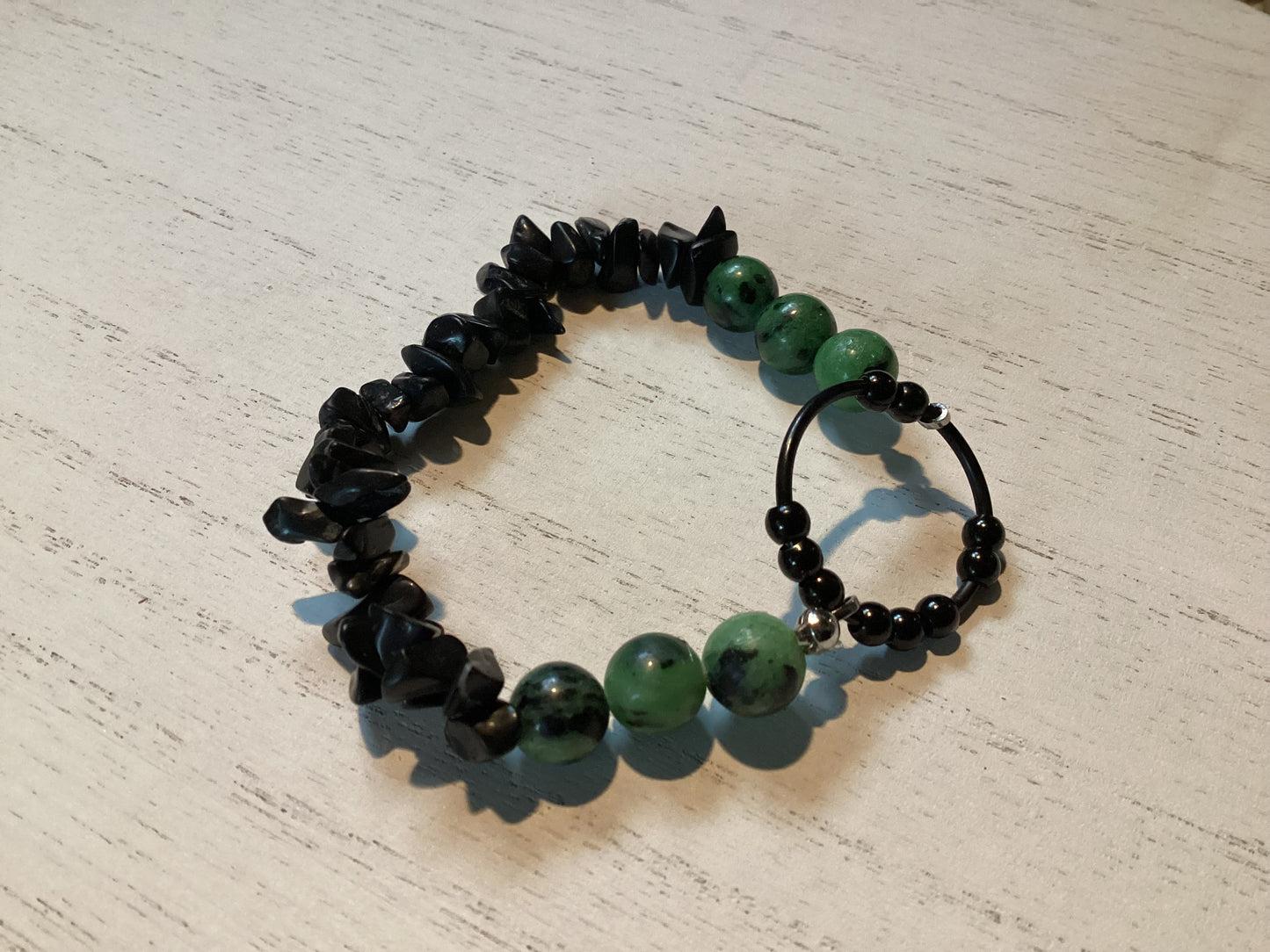 **Ruby Fuchsite Black Jade Fidget Bracelet** UV reaction