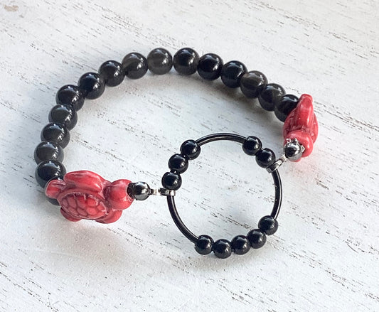 ## Little Guardian Fidget Bracelet: Obsidian & Red Jade Turtles