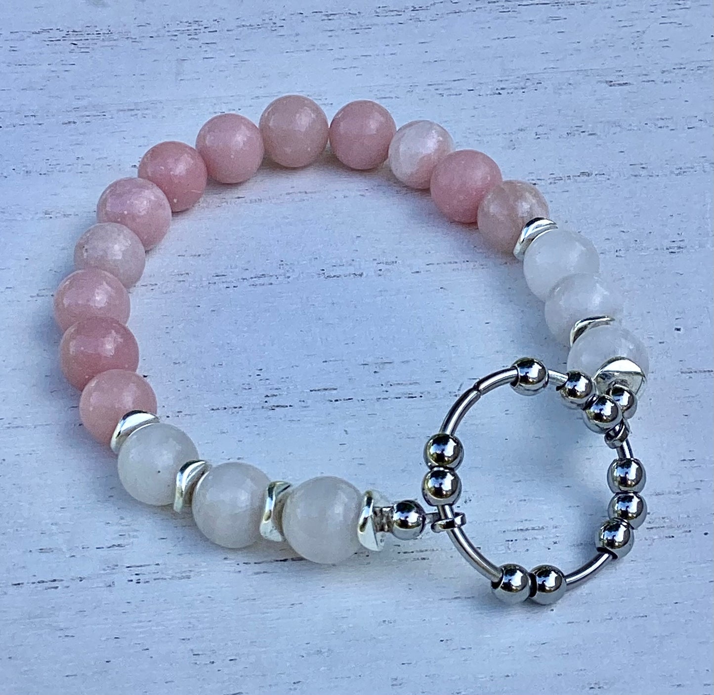 White Jade and Pink Opal fidget bracelet Size 7.5