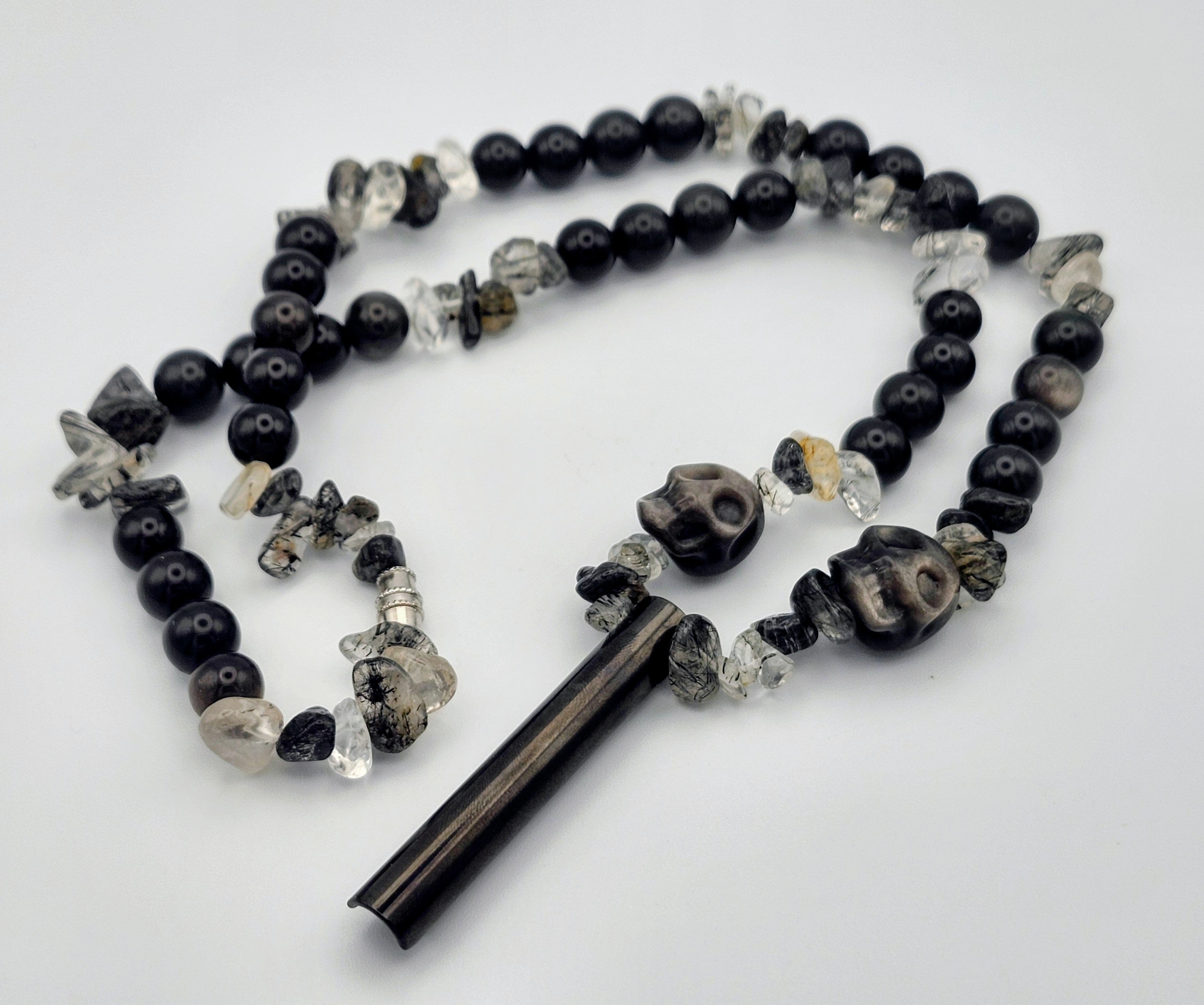 Guardian Clarity – Rutile &Silver Obsidian Skull  Calming Necklace