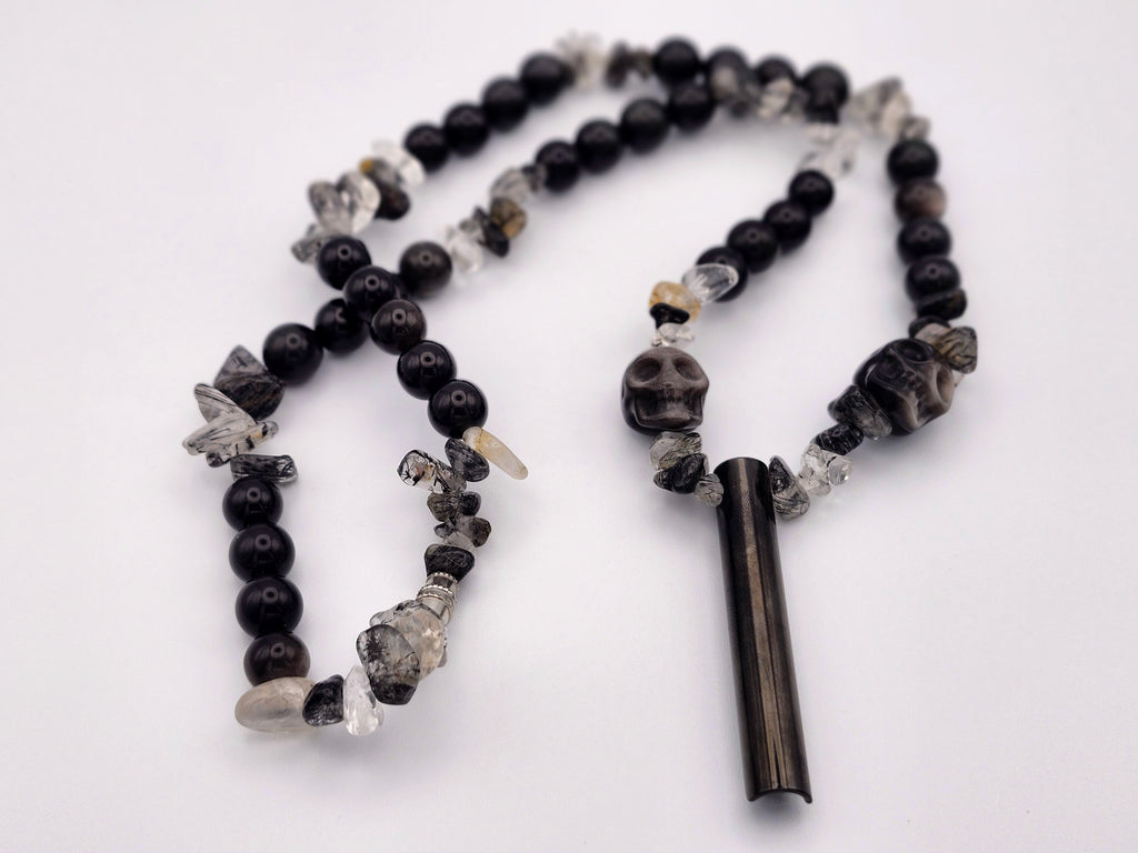 Guardian Clarity – Rutile &Silver Obsidian Skull  Calming Necklace